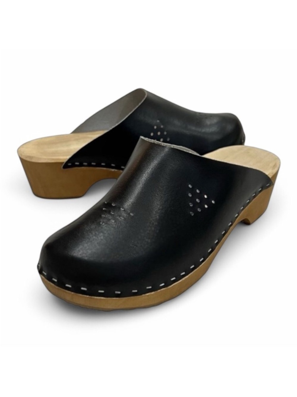 Marcus Black Leather Wooden Swedish Clogs Size 36